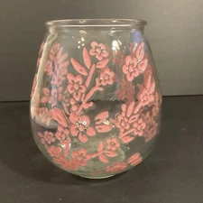 Old East Main Company Pink Floral on Clear Glass Vase or Candle Holder 7" Barrel