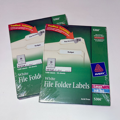 2 Packs Avery White TrueBlock File Folder Labels 1/3 Cut Laser/Ink Jet 3000ct.