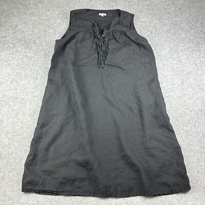 Allen Allen Linen Midi Dress Womens 2X Black Ruffle Pockets Lagenlook USA Made
