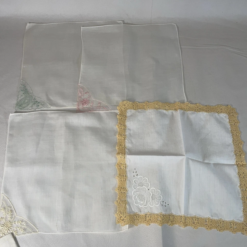 Vintage Lot A of 18 hanky petit point embroidered / scallop / crochet lace edge - Image 2 of 4