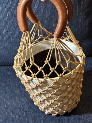 Staud Moreau Bucket Bag Tan White Brown Leather Macramae