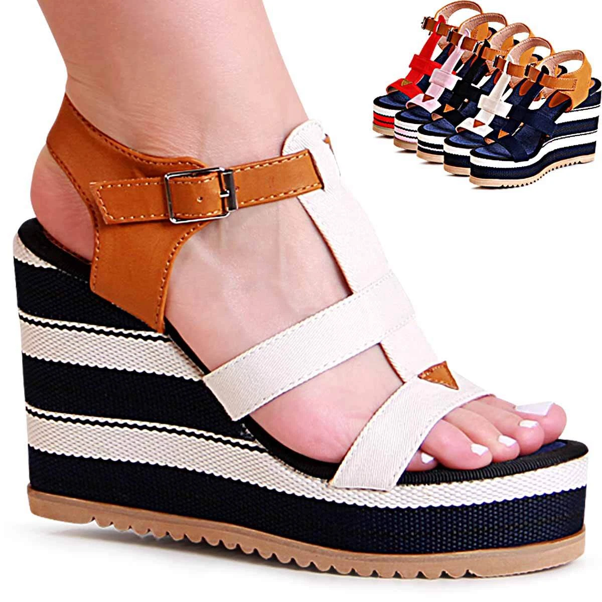 Sandale compensée cognac en cuir - Sandales Femme