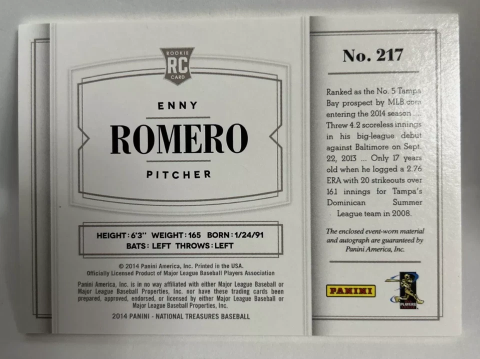 Enny Romero Rpa Rc Patch Jersey Auto 2014 National Treasures Rays /10 - Image 2 of 2