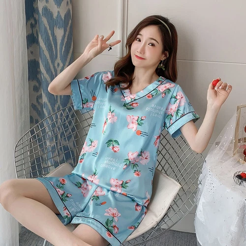Damen Seide Satin Pyjama Set Kurzarm Nachtwäsche V-Ausschnitt Homewear 2-teilig Pyjama - Bild 13 von 60
