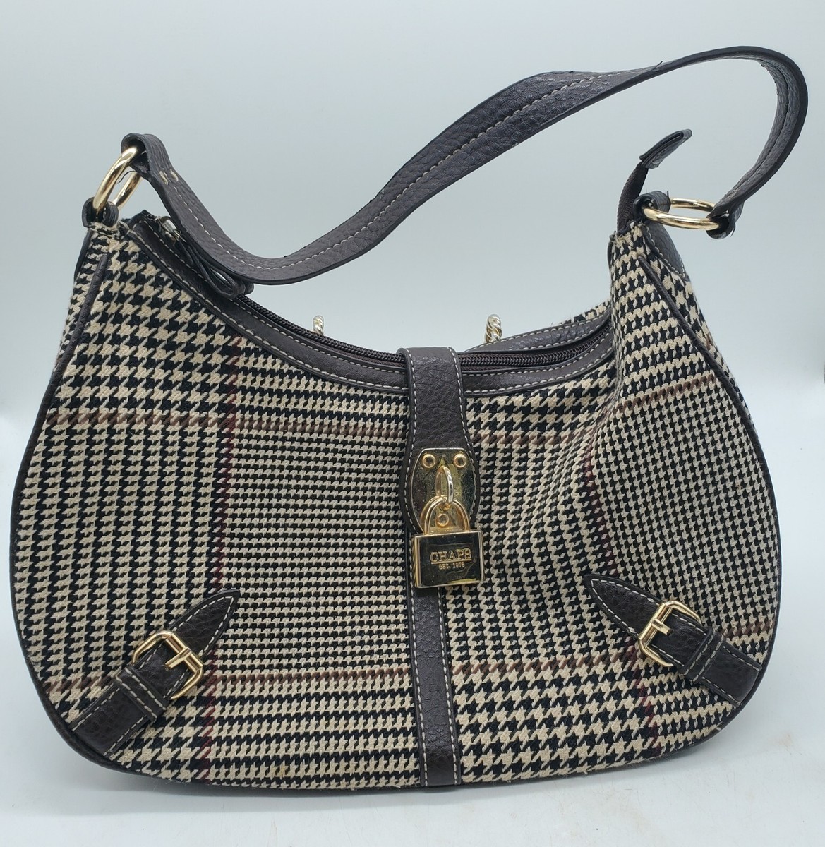 Chaps Brown Plaid Houndstooth Handbag Vintage Purse Padlock Buckle Accent