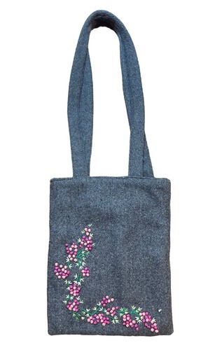 Mała szara wełniana torebka filcowa z ręcznie haftowanymi winogronami 100% wełna 11,25 "x 9" - Zdjęcie 1 z 6