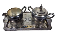 F B Rogers Silver Cream and Sugar Matching Set With Etched Tray Vintage