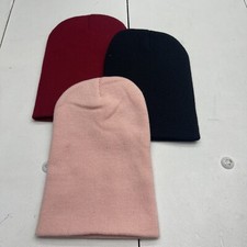 Unisex Adults 3 Pack Red, Pink, Black Knit Beanies Size OS