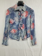 CLIO Blouse Blue Pink Floral Lightweight Size Large Long Sleeve Made In USA