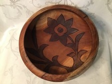 Wooden Carved Bowl Two Tone Flowers Leaves, Footed, 12  wide 6" deep