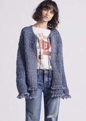 Current/Elliot The Cable Fringe Sweater Indigo Blue Size 3 - Large MSRP $348