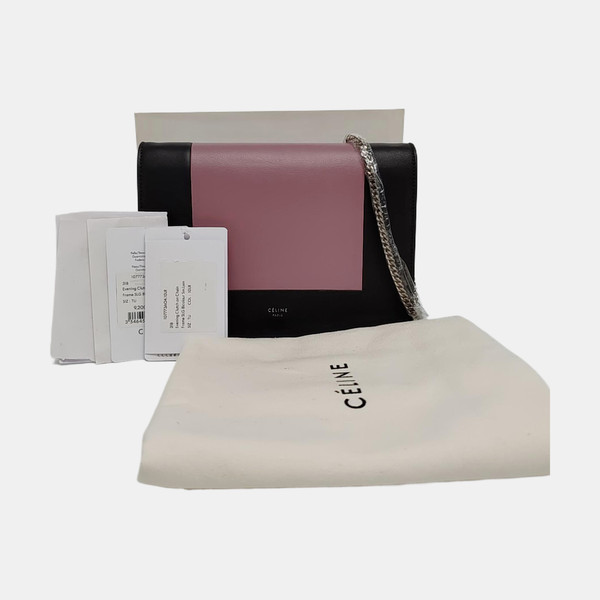 Auth CELINE Frame Small Bicolor Lambskin Leather Clutch Chain Shoulder Crossbody
