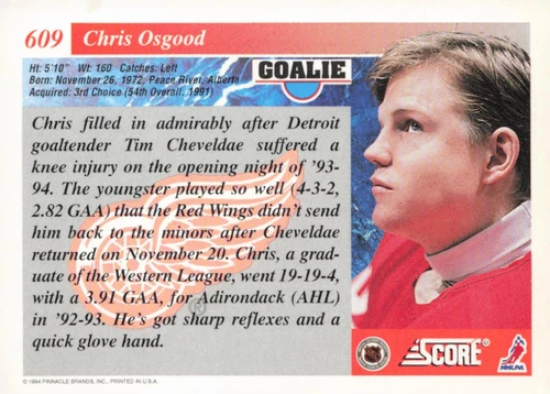 1993-94 Score #609 Chris Osgood - Picture 2 of 2