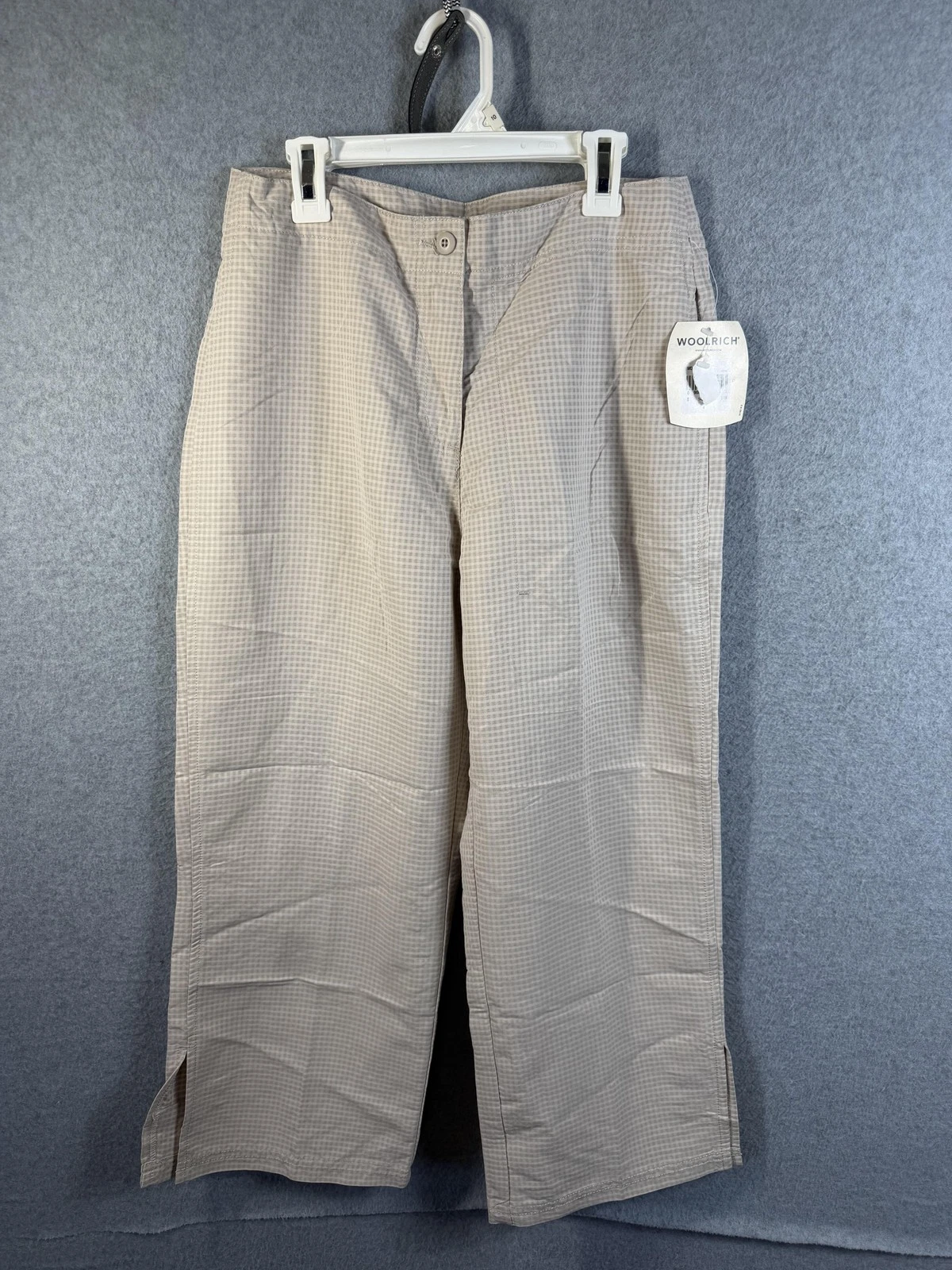 Woolrich Pants Womens 4 Beige Check Capri Cropped Lightweight Travel Slit Khakis