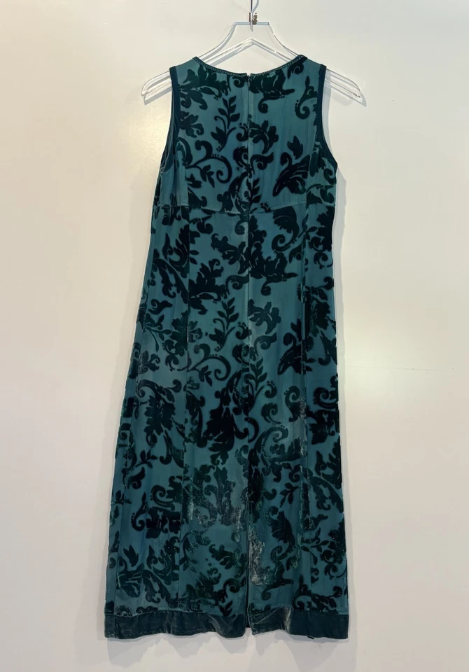 Garnet Hill Womens Teal Green Floral Silk Beaded Velvet Burnout Dress Size 4P - Image 2 of 4