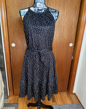Womens Black White Polka Dot Halter Fit & Flare Knee Dress Tie Waist Size L