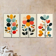3pcs three colorful flowers with leaves  Wall Art Canvas Framed 50x70cm