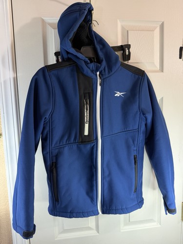 REEBOK Batik Blue Softshell Faux Fur Hooded Zip Jacket Coat Medium 10/12 Pockets