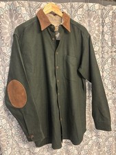 Vintage Woolrich Shirt Mens Large Green Suede Collar Elbow Patch Wool USA 90s