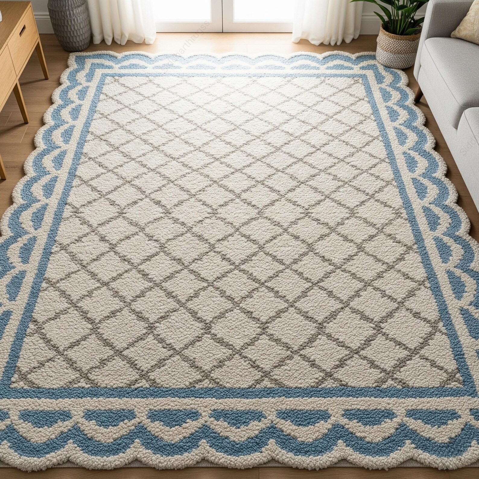 Ivory Grey Light Blue Scalloped Hand Tufted Diamond Pattern Wool Rug