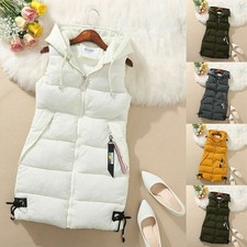 Women Hooded Quilted Zip Up Gilet Waistcoat Padded Winter Vest Long Bodywarmer