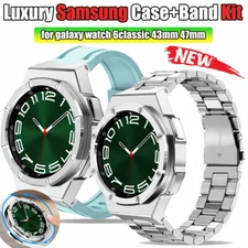 For Samsung Galaxy Watch6 Classic 43mm 47mm Metal Case Rubber Strap Band Mod Kit