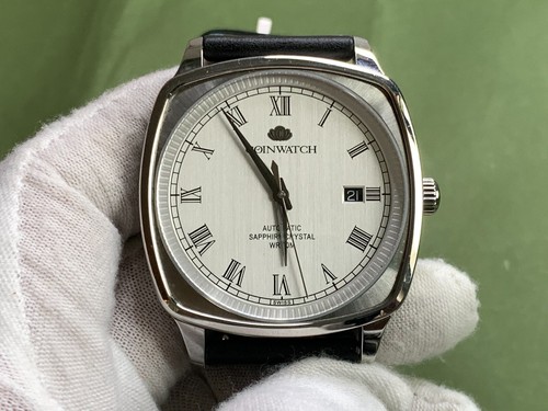 Swiss Coin watch Date Silver Dial Black Leather 26 Jewels Automatic Men's Watch - Picture 2 of 19