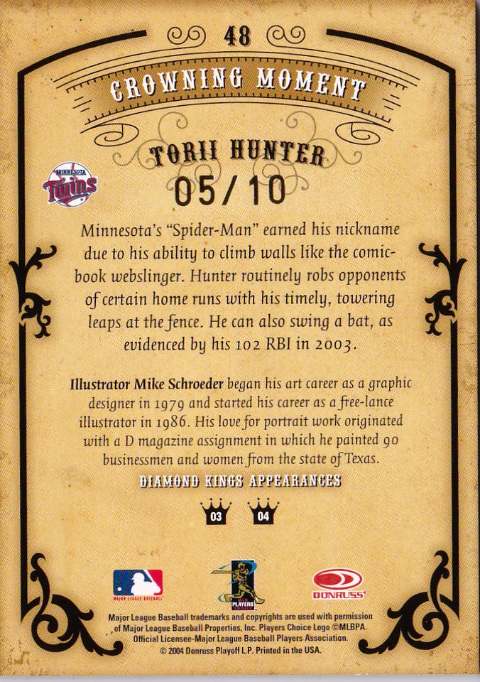 Donruss Diamond Kings Torii Hunter Crowning Moment 2004 autógrafo 05/10 dos automático Foto 3 de 4