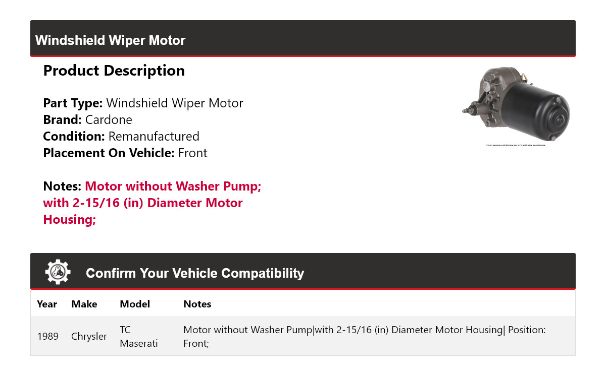 For 1989 Chrysler TC Maserati Windshield Wiper Motor Front Cardone