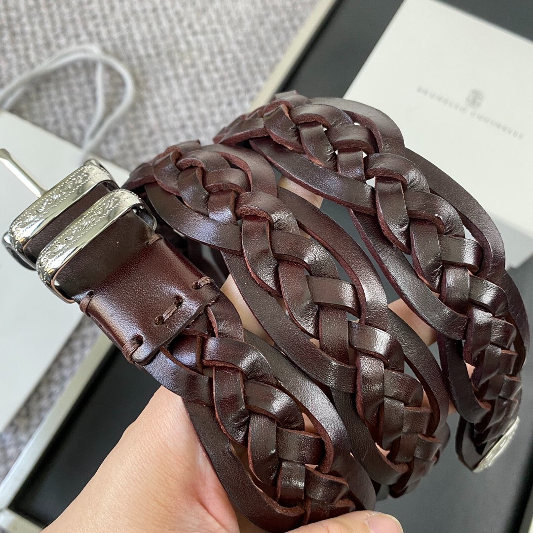 BRUNELLO /CUCINELLI Brown Woven Leather Belt Silvery Buckle New | eBay