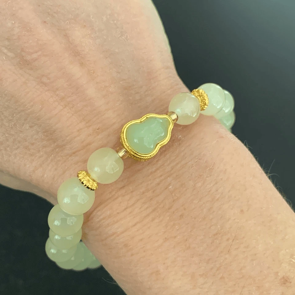 Азиатский стиль мужской зеленый бисер исцеление эластичный браслет, нефрит / авантюрин вид - Изображение 2 из 4