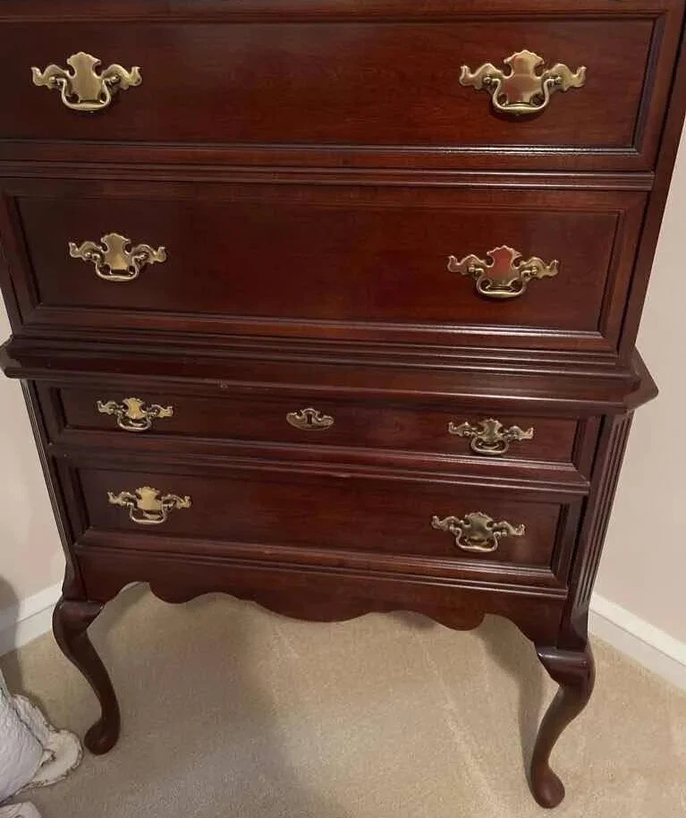 2 Piece Bassett Queen Anne Highboy Dresser / Tall chest Solid Cherry - Image 4 of 4