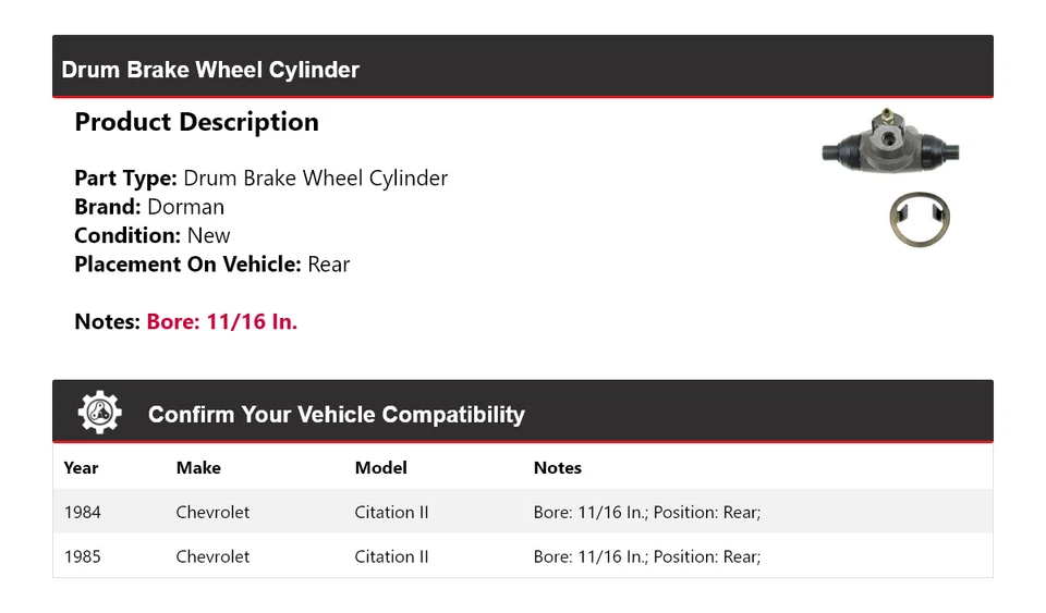 Cilindro de rueda de freno de tambor trasero para Chevrolet Citation II Dorman 1984-1985 Foto 2 de 4