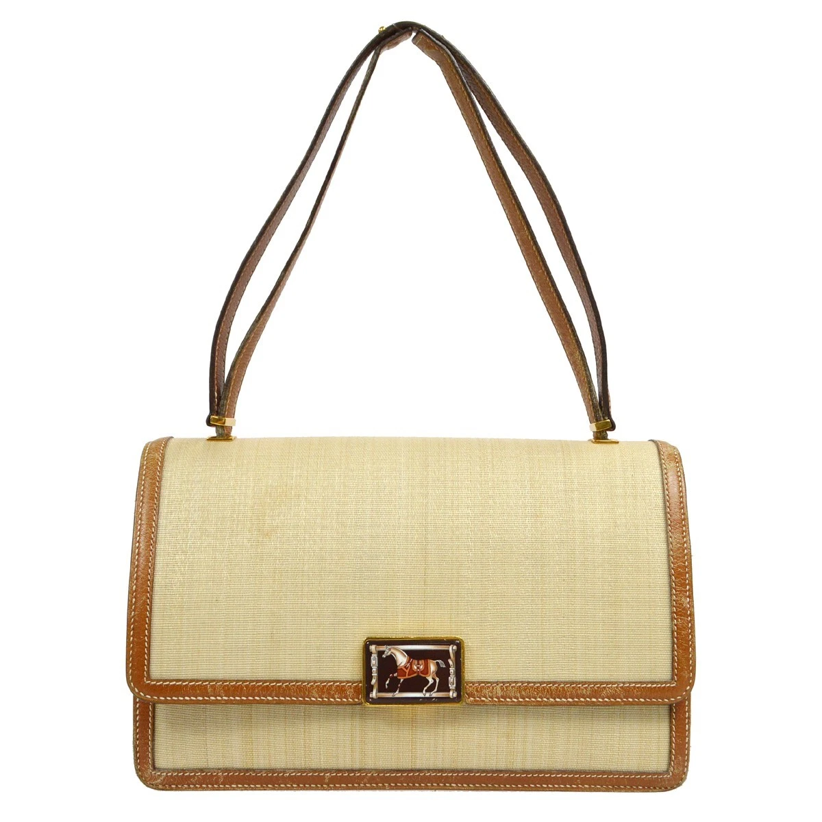 1960s Hermes Tan Canvas Box Leather Top Handle Handbag