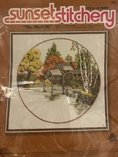 Sunset Stitchery Designs Fall Mill Pond #2473 Vintage 1978 Crewel Embroidery Kit