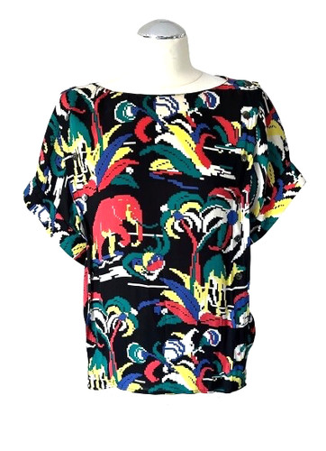 Chloé, CHLOE VINTAGE TOP BLACK ELEPHANT PRINT BOAT NECK BUTTONED BACK 100% VISCOSE 40