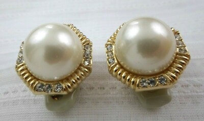 Ciner Vintage Massive Large Pearl Rhinestone Clip-On Earrings Shiny Gold Signed