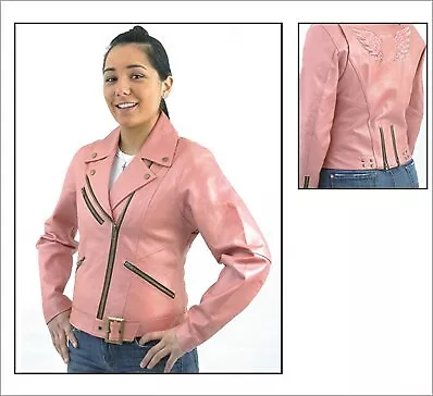 Women's Pink Leather Motorcycle Jacket Multiple Pockets & Snap Down Collar