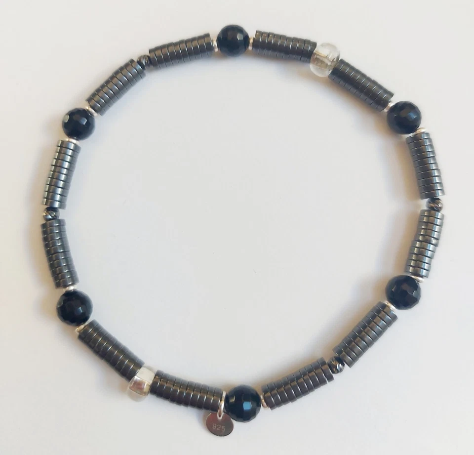 Bracciale in argento 925 elastico da uomo con onice, ematite e vetro di Murano - Immagine 2 di 4