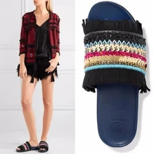 Tory Burch Isle Slides 7 Sequin Beaded Fringe Embellished Boho Colorful Sandals