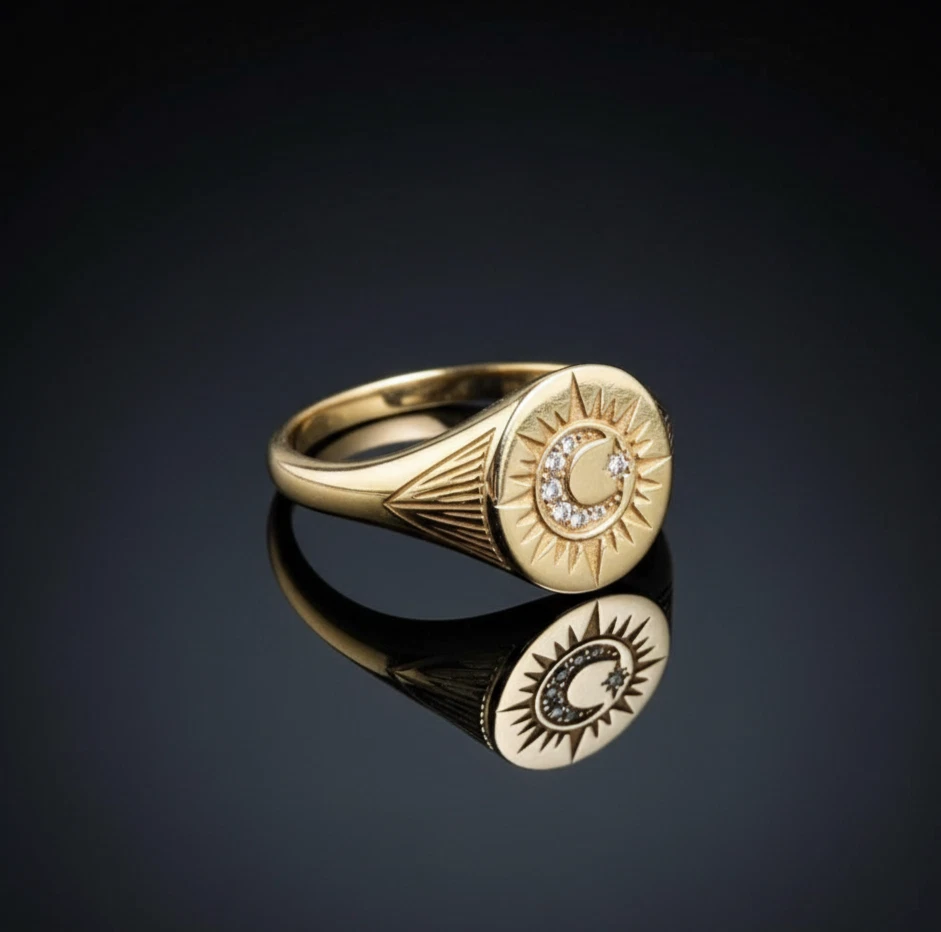 Sun Moon Luna Star Gold Vintage Ring Unique Signet Women's Gold Plated Ring - Image 4 of 4