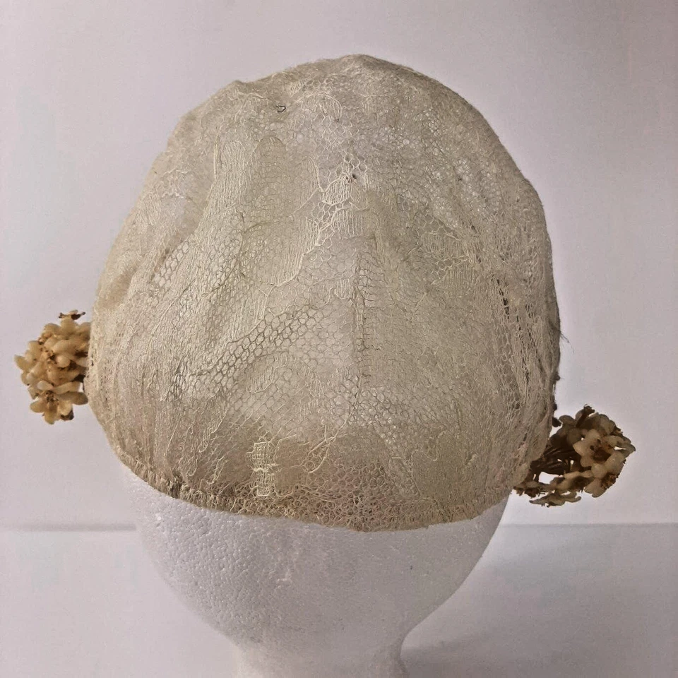 VTG Bridal Cap Beaded Headpiece Wax Flowers 2-Layer Netting Floral Lace Juliet - Image 4 of 4
