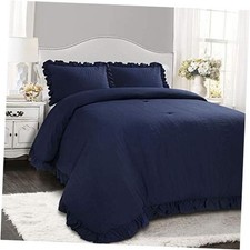 Reyna Ruffle Comforter Set, 3 Piece Cozy Bedding Set Full/Queen Navy