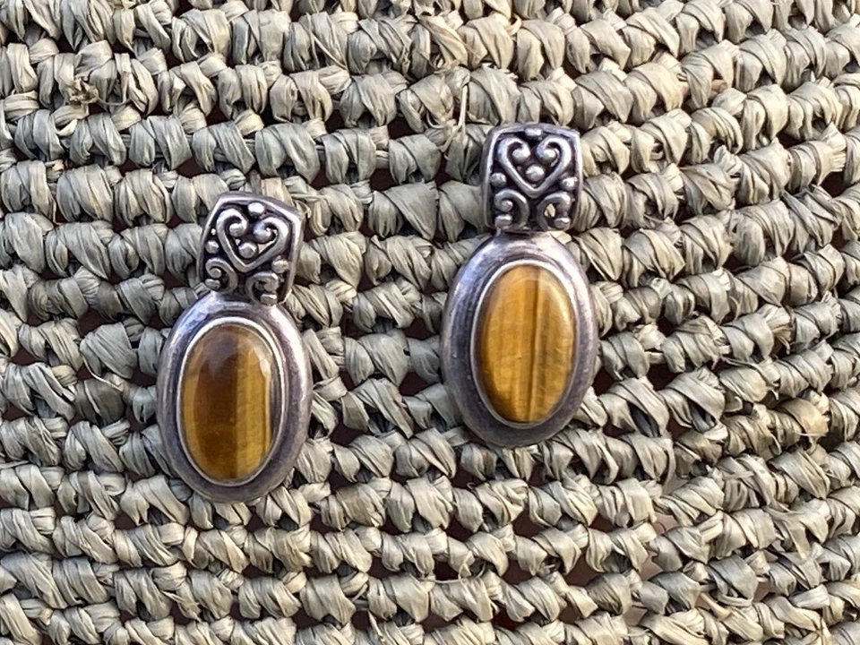 Pendientes Vintage Plata de Ley 925 con Piedras Preciosas Ojo de Tigre Tailandia Aspecto SW Foto 2 de 4