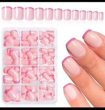 Bellelfin Hot Pink French Tip Press on Nails Short Square Fake Nails
