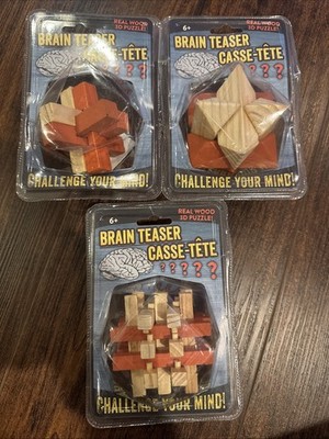 Lot of 3 Different Brain Teaser 3D Interlocking Puzzles Real Wood 