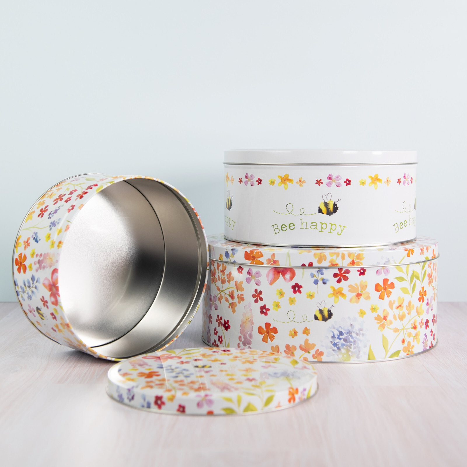 Set of 3 Bee Floral Round Cake Storage Tins Caddies Biscuit Carriers