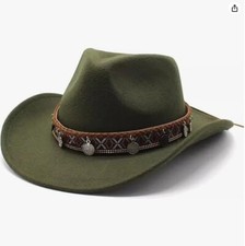 Green Western Cowgirl Cowboy Hat Men Women   Tribal Band Felt Wide Brim Rodeo