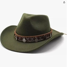 Green Western Cowgirl Cowboy Hat Men Women – Tribal Band Felt Wide Brim Rodeo