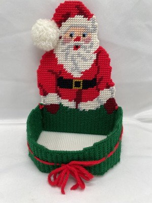 Vintage Handmade Needlepoint Santa Claus Plastic Canvas Christmas Candy  Basket